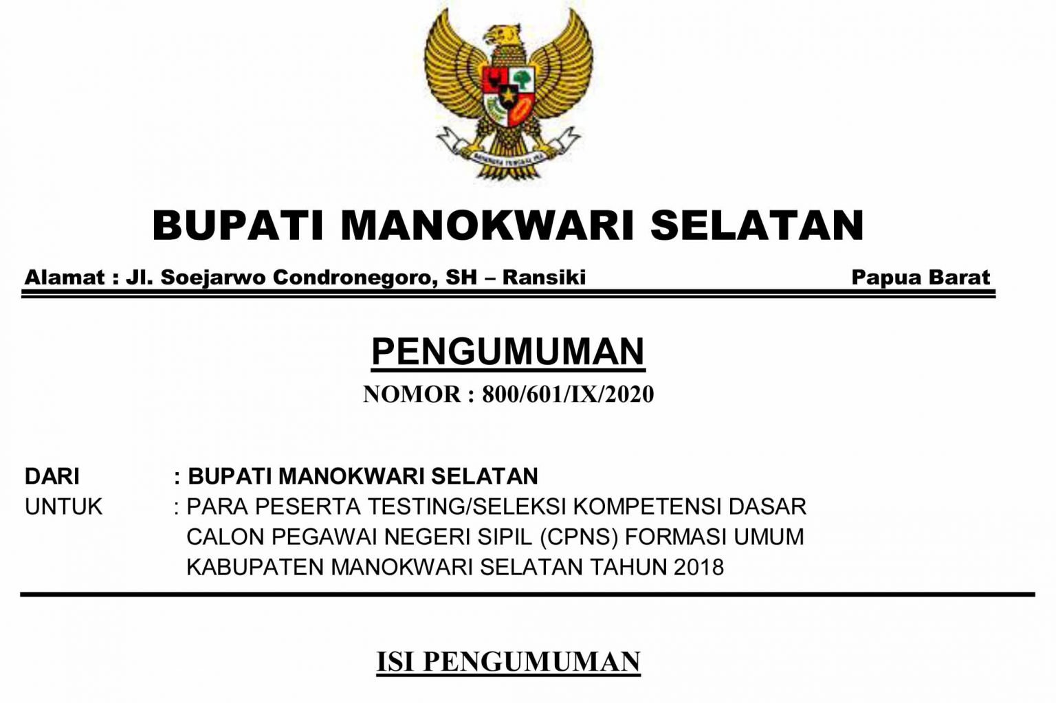 Hasil Tes CPNS Formasi 2018 Manokwari Selatan Resmi